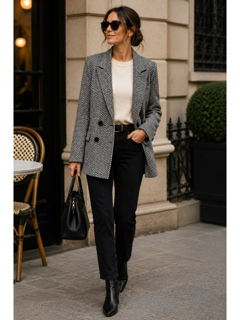 Anine Bing B&W Herringbone Double-Breasted Blazer Jacket Womens Size L - LikeNew